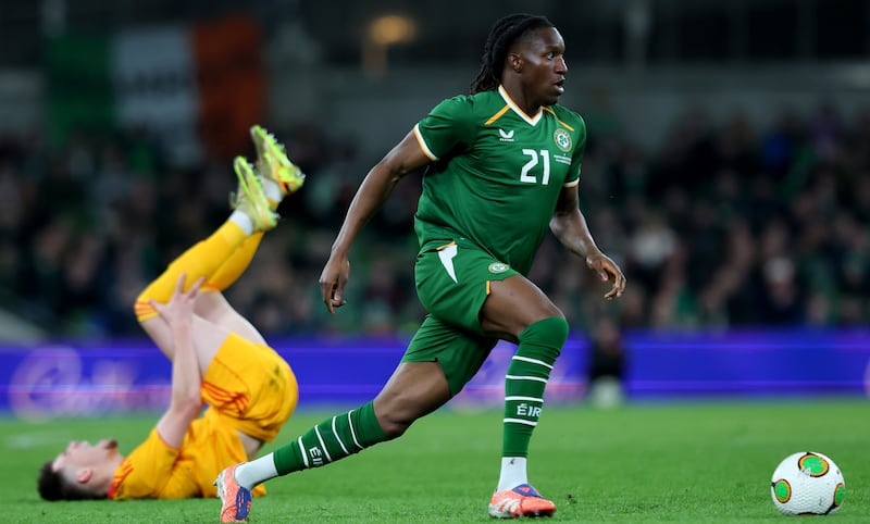 Stoke City's Bosun Lawal in action for Ireland against North Macedonia. Photograph: Ryan Byrne/INPHO