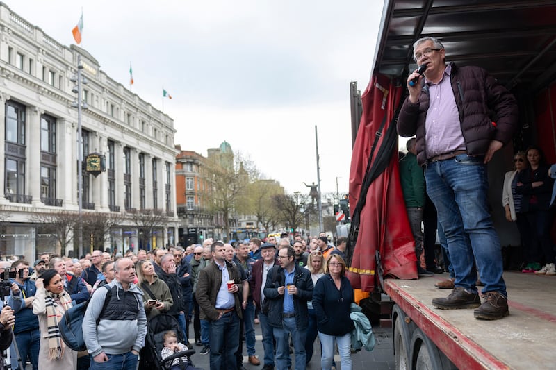 James Geoghegan, an agricultural contractor from Westmeath and one of the chief organisers of the protest, speaks on O’Connell Street on Tuesday. Photograph: Chris Maddaloni