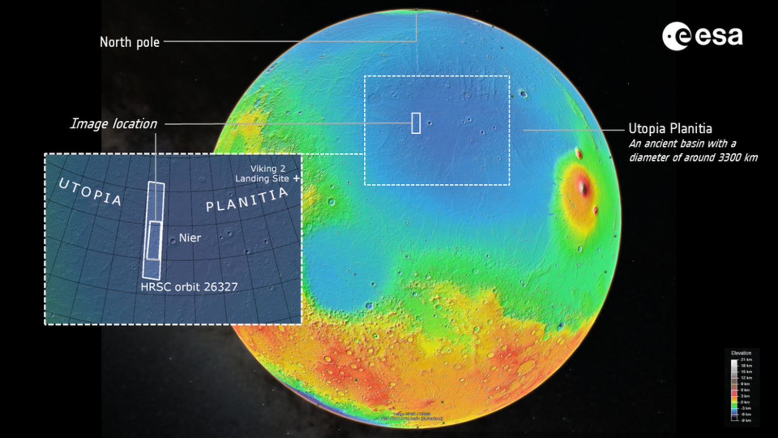 A graphic showing a map of Mars and highlighting the part of Utopia Planitia where the dark patch is