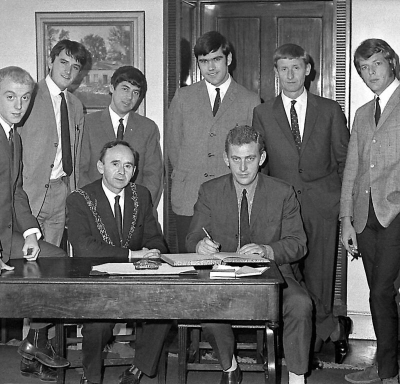 ’The Freshmen showband with Lord Mayor of Cork Pearce Wyse on an official visit to Cork City Hall in July, 1967