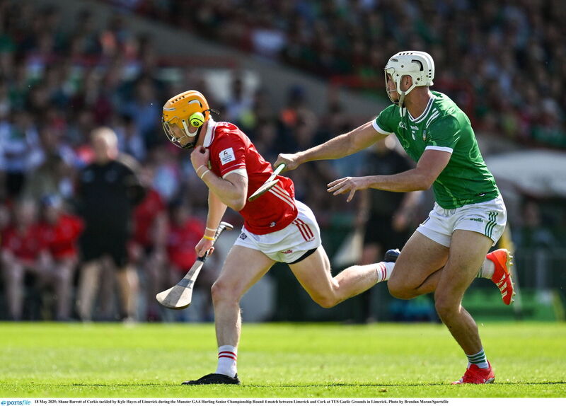 Shane Barrett is tackled by Kyle Hayes. Picture: Brendan Moran/Sportsfile