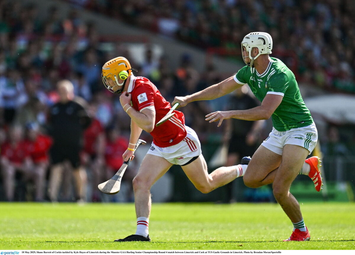Shane Barrett is tackled by Kyle Hayes. Picture: Brendan Moran/Sportsfile