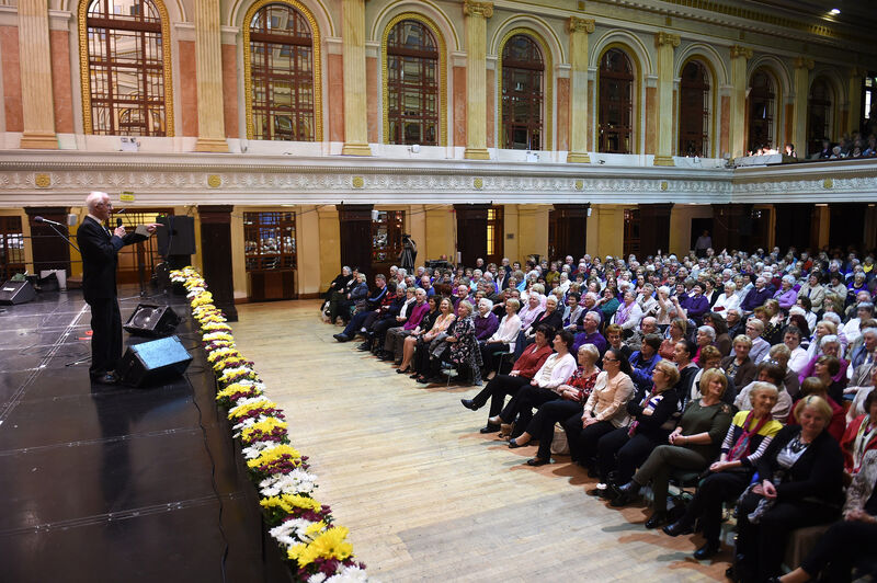 Competition organiser Paddy O'Brien onstage at the Over 60s Talent Competition semi-final event in 2016 at City Hall.  Picture: Larry Cummins