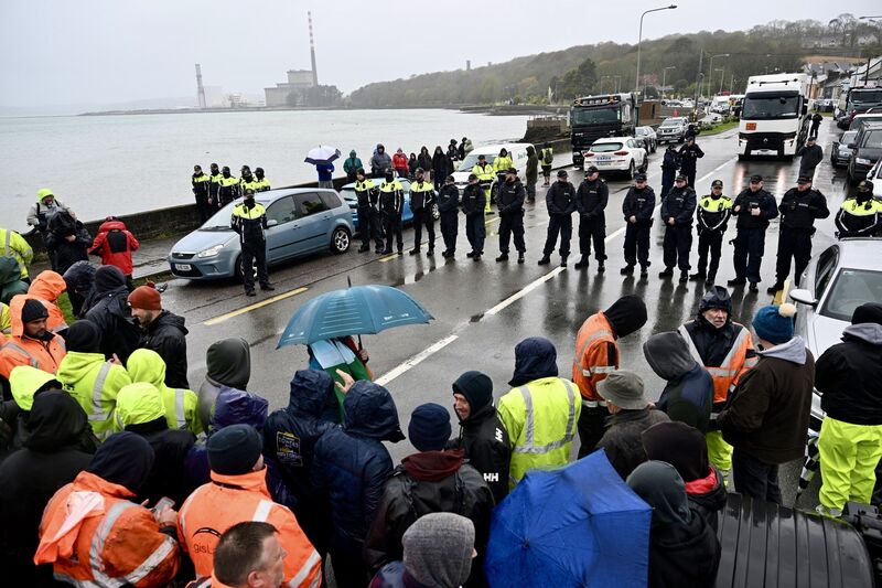 Standoff between gardaí and protesters at Whitegate, where protesters prevented a fuel tanker from entering the Irving oil refinery on Friday afternoon. Picture: Larry Cummins