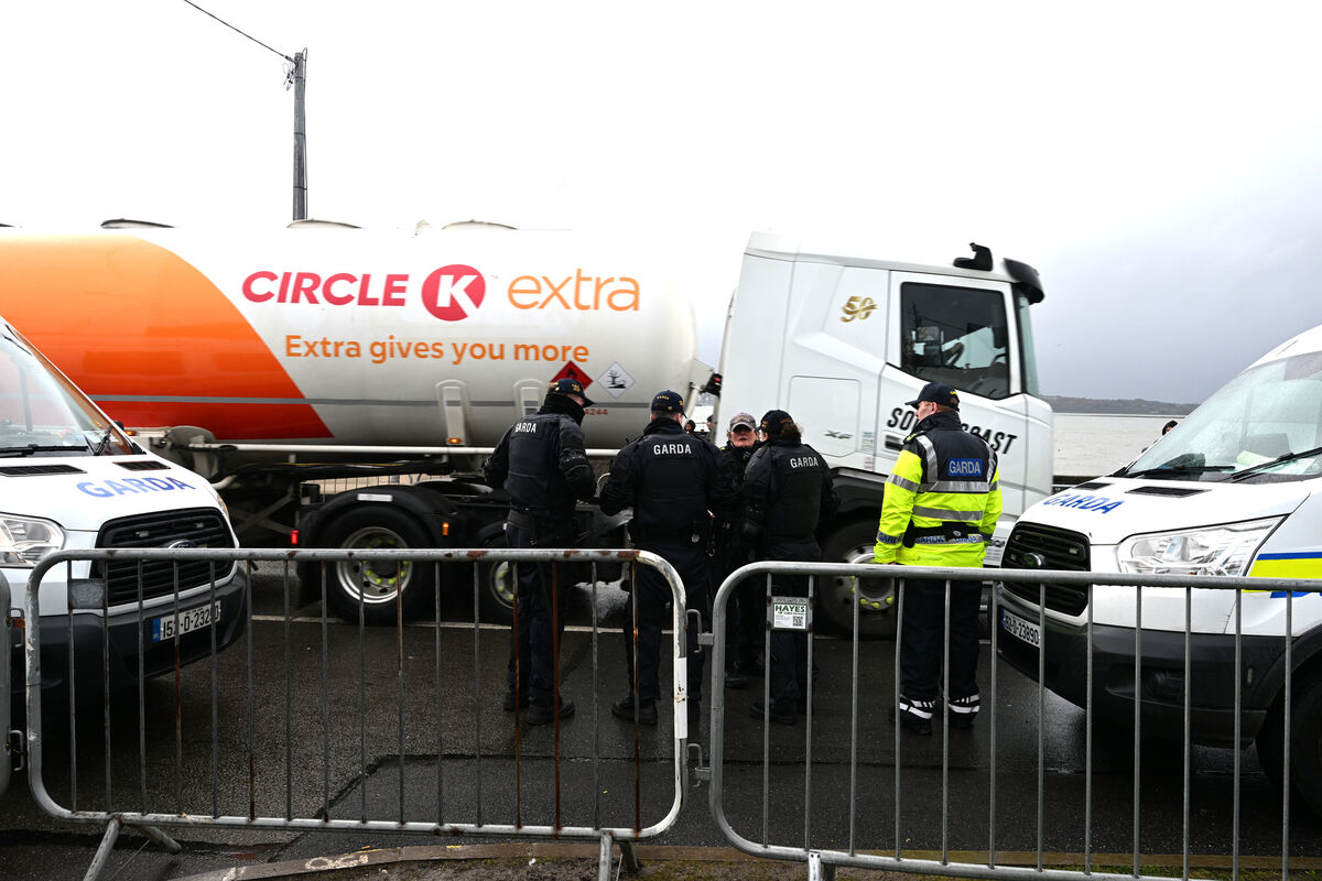  Fuel trucks departing the oil refinery under garda escort at Whitegate village on Saturday afternoon. Picture: Larry Cummins