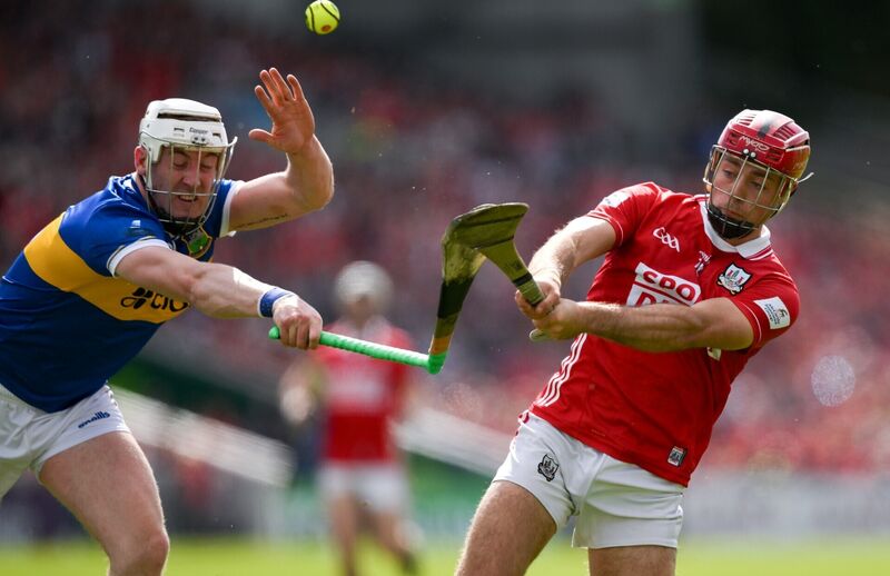 Eoghan Connolly of Tipperary breaks his hurley as he attempts to block a shot by William Buckley. Picture: Brendan Moran/Sportsfile