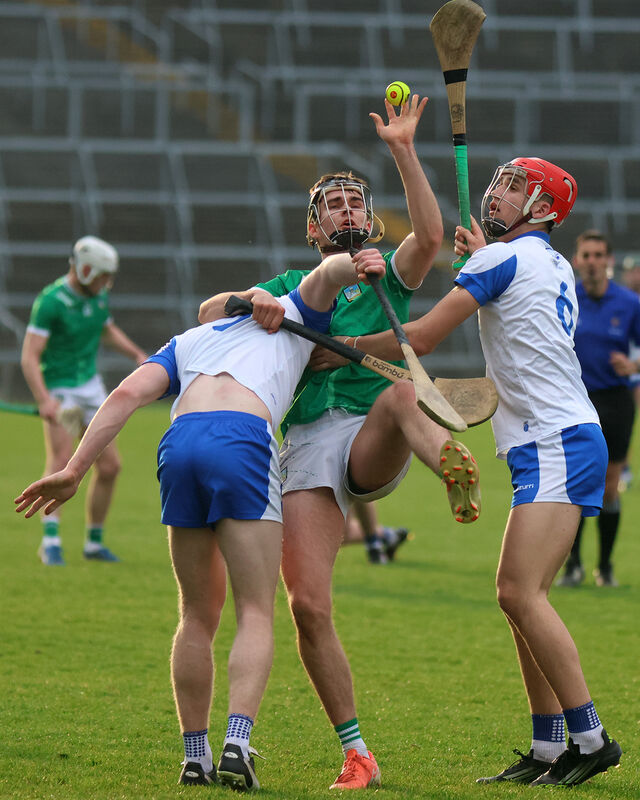 John O'Connor, Limerick, under pressure from Conor Lynch and Hugo Quann Waterford in the U20 Hurling at TUS Gaelic Grounds