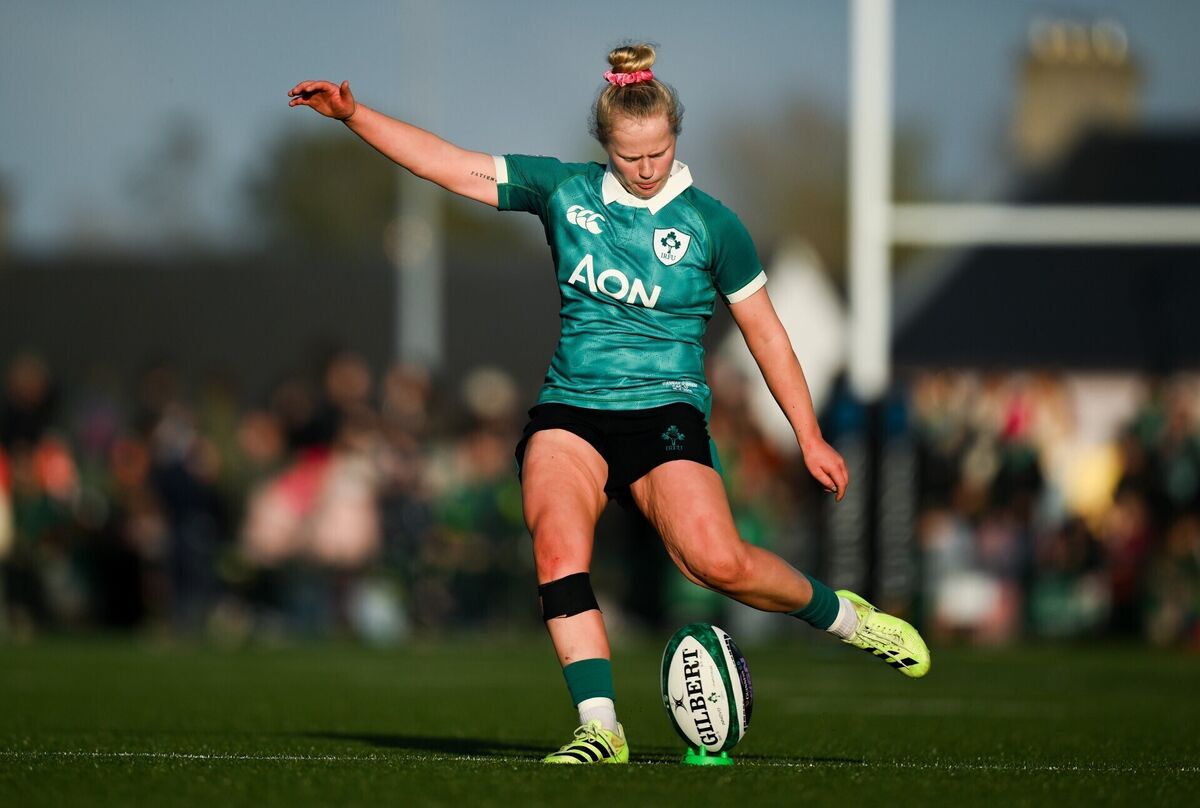 Dannah O'Brien of Ireland kicks a conversion during the Women's Six Nations Rugby Championship match between Ireland and Italy. Pic: Brendan Moran/Sportsfile