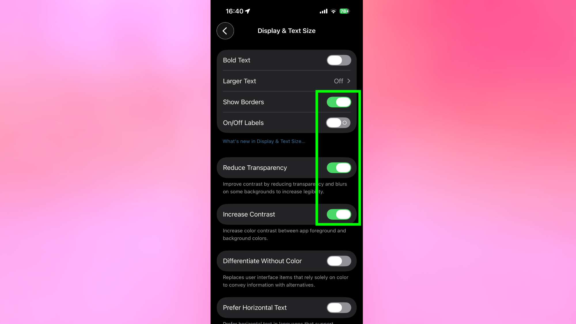 Adjusting accessibility settings for maximum contrast on iPhone