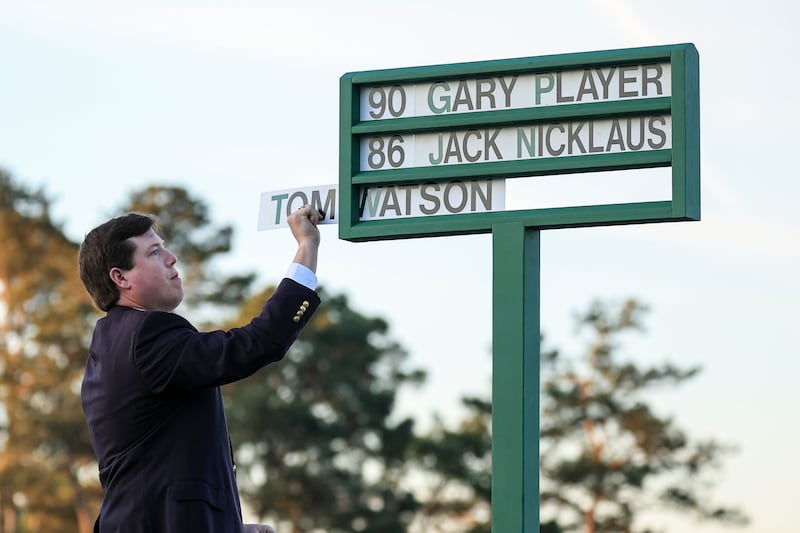Honorary starters Gary Player, Tom Watson and Jack Nicklaus are added to the standard on the first tee during the first round of the 2026 Masters Tournament. Photograph: Jared C. Tilton/Getty Images