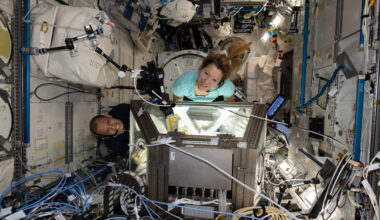 Two people look up at a camera. They each have their arms in sleeves that go inside a lit-up rectangular box. We can see their arms through the windows on each side of the box. There are wires all around them inside the International Space Station.