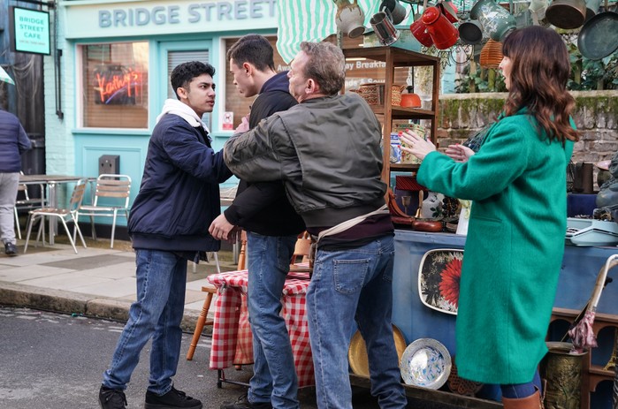 Billy breaks up a fight between Will and Nugget outside of the caff in EastEnders