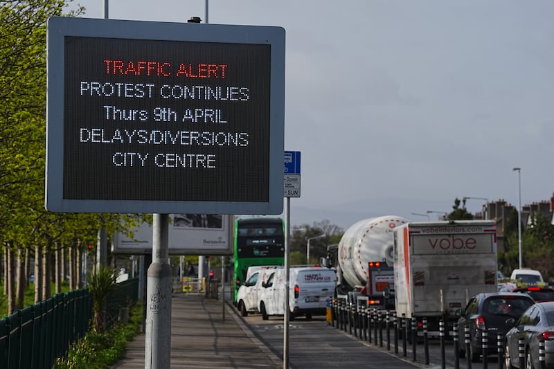 A traffic sign on Swords Road in Dublin, alerting drivers of delays. Photograph: Brian Lawless/PA Wire