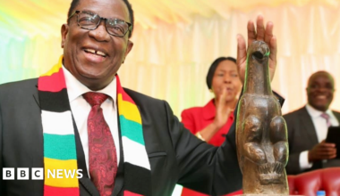 Emmerson Mnangagwa wears a scarf bearing Zimbabwe's national colours. He smiles next to one of the stone bird sculptures.
