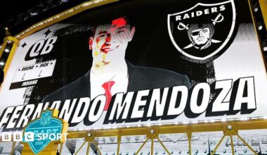 The NFL Draft stage with an image of Fernando Mendoza after he was selected with the first overall pick by the Las Vegas Raiders in 2026