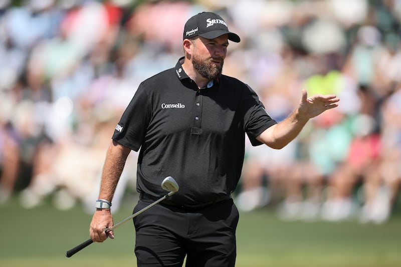 Shane Lowry of Ireland reacts on the second green during the final round at Augusta. Photograph: Hector Vivas/Getty