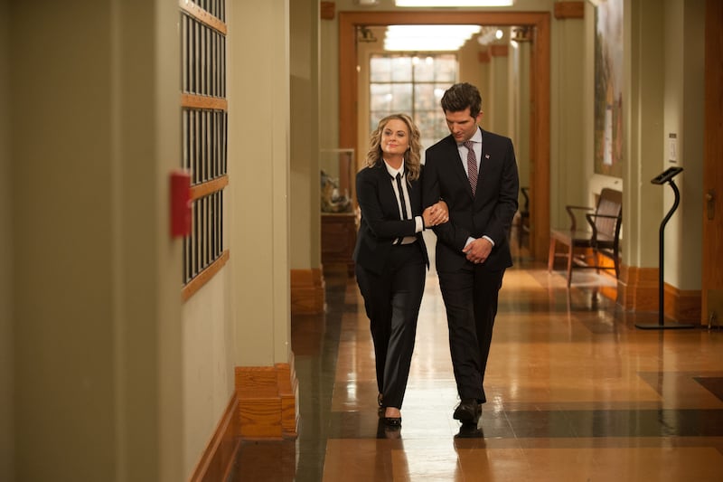Parks and Recreation: Adam Scott with Amy Poehler in the final episode. Photograph: Colleen Hayes/NBCU/Getty