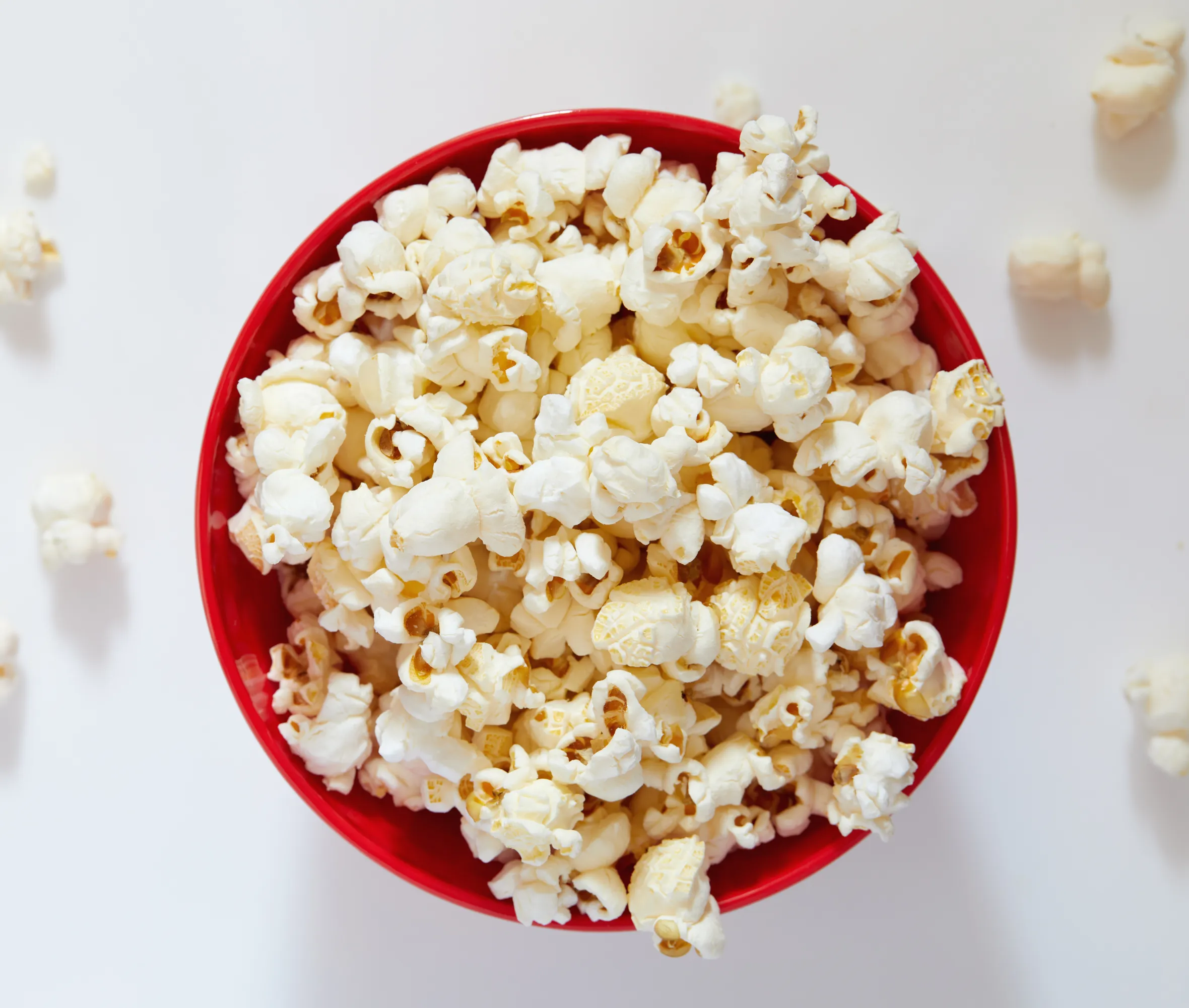 Overhead view of bowl of popcorn