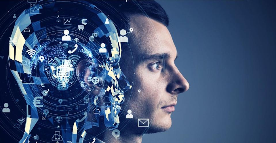 Futuristic image showing artificial intelligence concepts next to a person's face.