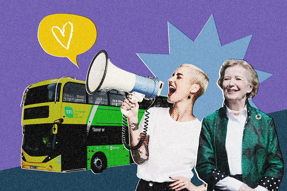 Among those grateful for the Dublin Bus service includes fellow commuter and former president Mary Robinson. Graphic: Clare Meredith