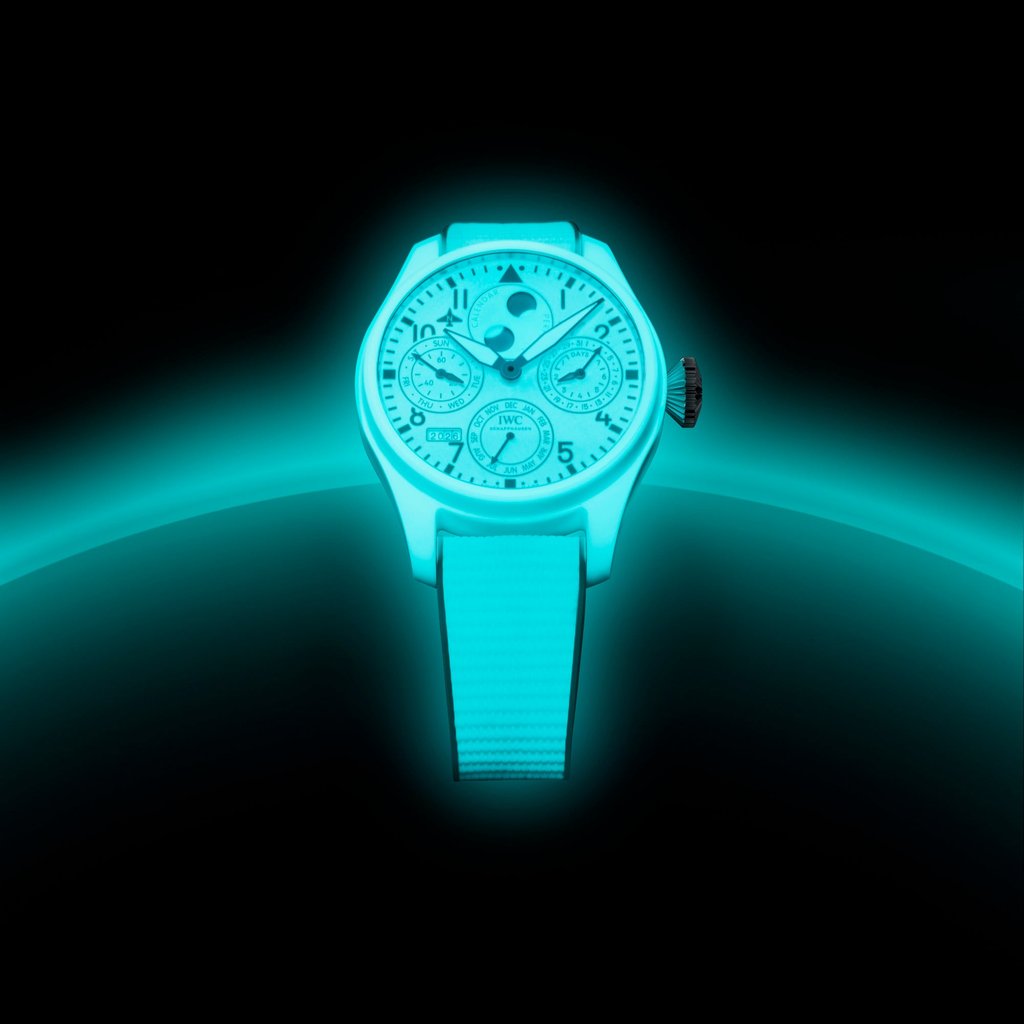 Every part of the IWC Schaffhausen Big Pilot’s Watch Perpetual Calendar Ceralume glows in the dark. Photo: Handout