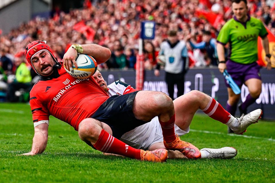 Munster's John Hodnett scores his side's sixth try during their URC victory over Ulster at Thomond Park. Photo: Seb Daly/Sportsfile