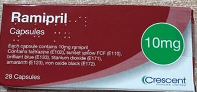 Ramipril 10 mg Capsules – Batch GR174091 Outer carton and BN/Exp Date information