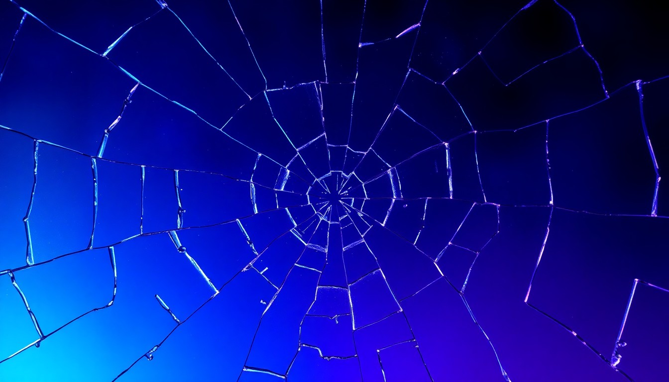 An extreme close-up of a shattered, cracked glass surface in deep shades of blue and purple, conceptually representing the fragile and complex relationship between the characters on the medical drama series