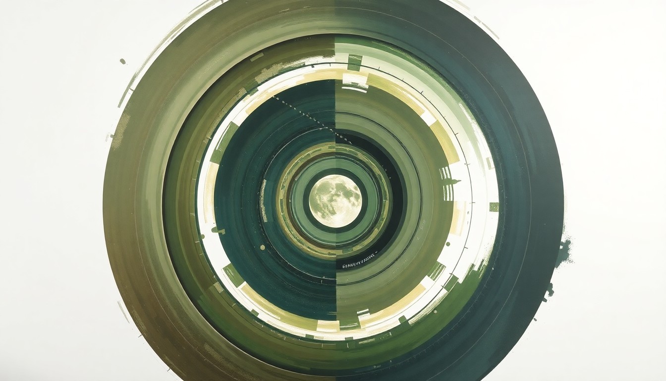 A highly structured abstract painting in soft, earthy tones of green, brown, and blue, featuring sweeping geometric arcs, concentric planetary circles, and precise botanical spirals, conceptually representing the complex scientific forces and concepts behind the Artemis II mission to the moon.