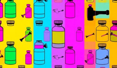 A high-contrast, silkscreen-style grid of a single, iconic looksmaxxing object such as a bottle of steroids or a hammer, rendered in a vibrant, neon color palette with heavy black outlines, conceptually representing the troubling nature of the looksmaxxing trend.