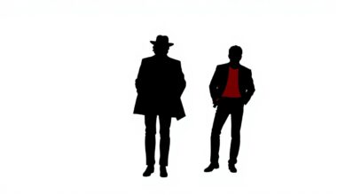 A bold, abstract illustration featuring stark black silhouettes of the Jackson 5 against a high-contrast red and white background, conceptually representing the enduring musical legacy of the Jackson family in their hometown.