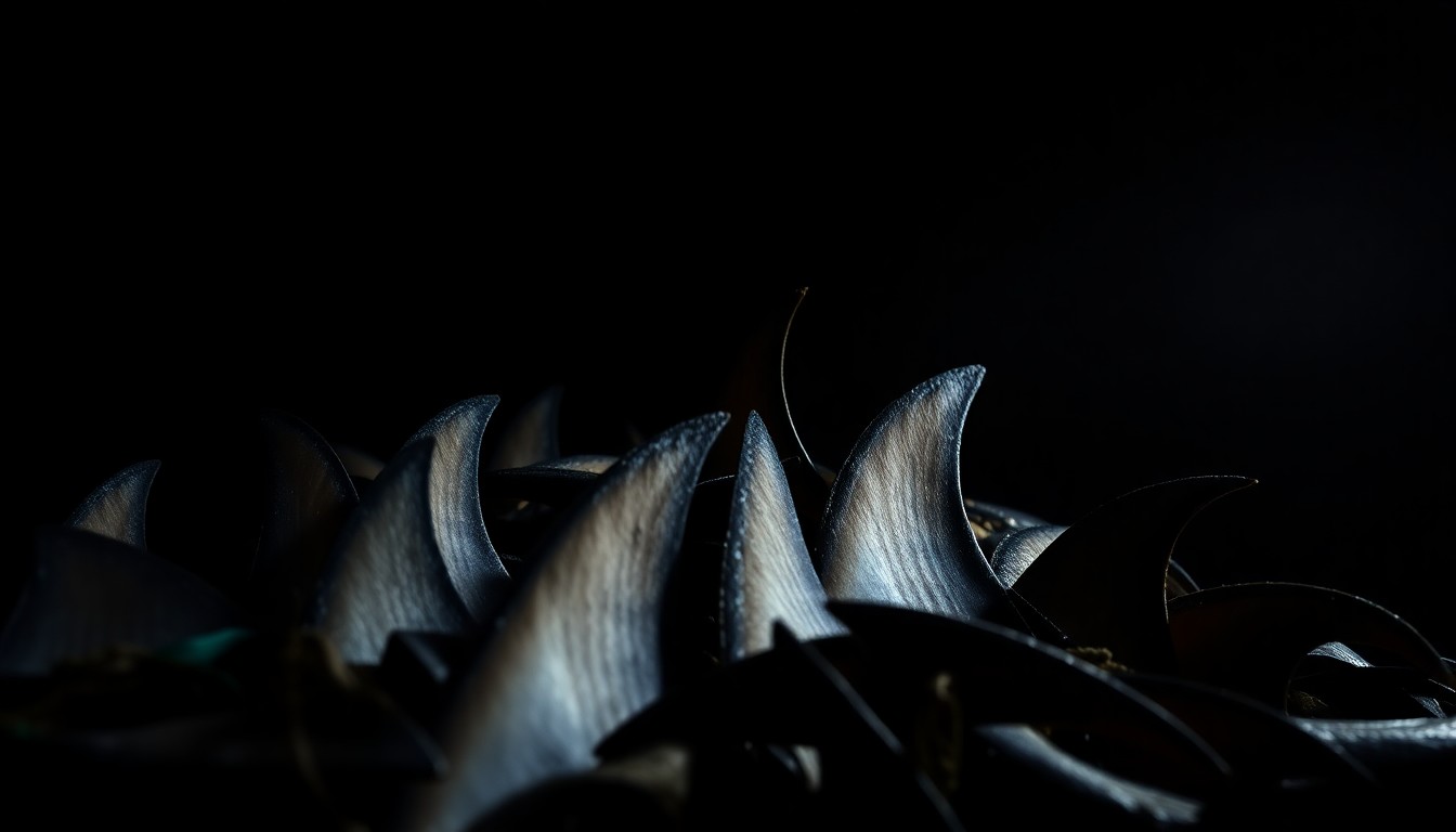 An extreme close-up photograph of a pile of dried shark fins, their rough texture and intricate patterns dramatically illuminated by a harsh, direct camera flash against a pitch-black background, conceptually illustrating the serious nature of this wildlife crime investigation.