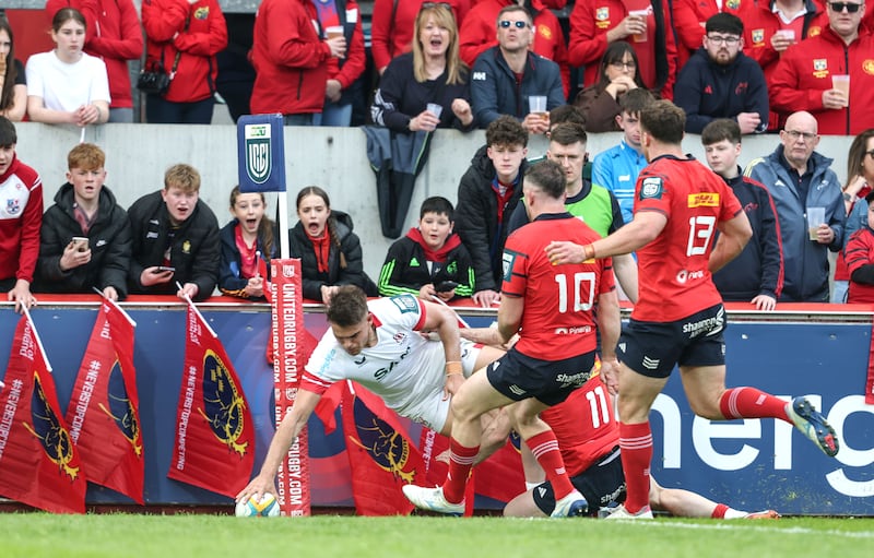 Ulster's Aitzol Arenzana-King scores his side's first try of the match against Munster at Thomond Park on Saturday. Photograph: Dan Sheridan/Inpho