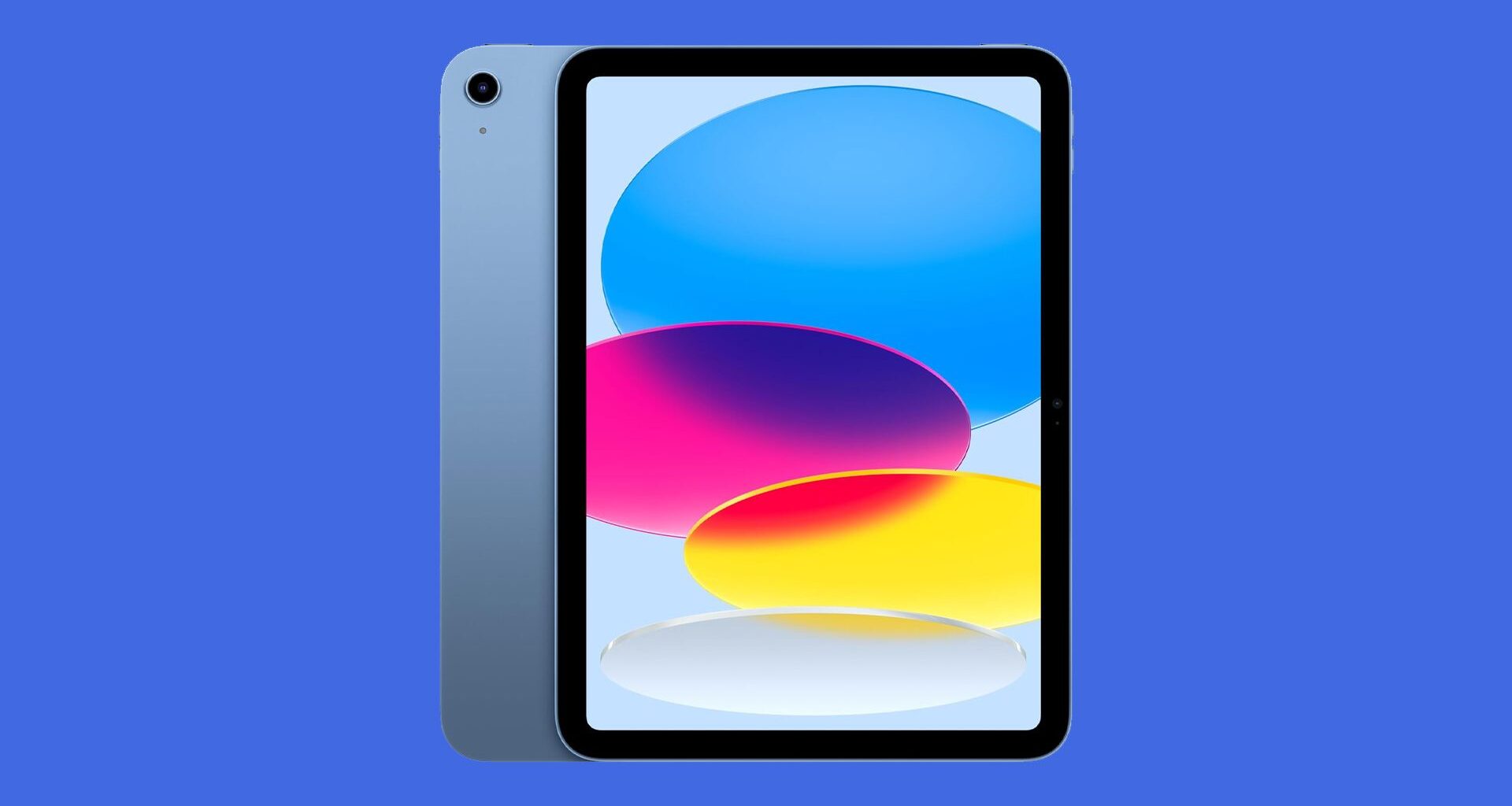 The standard iPad on a blue background.