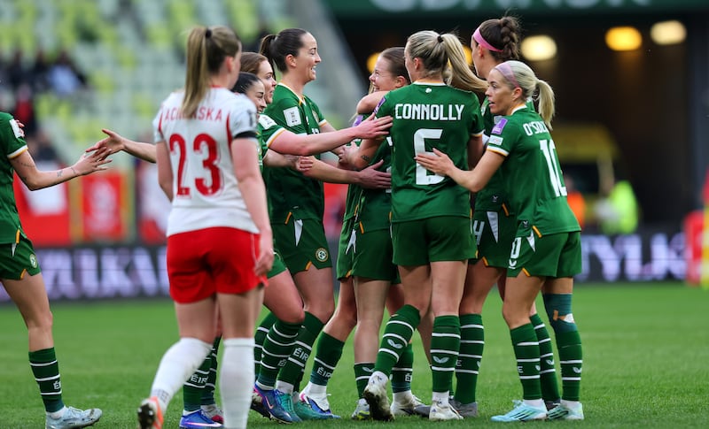 Ireland celebrate after Emily Murphy's goal against Poland. Photograph: Ryan Byrne/Inpho