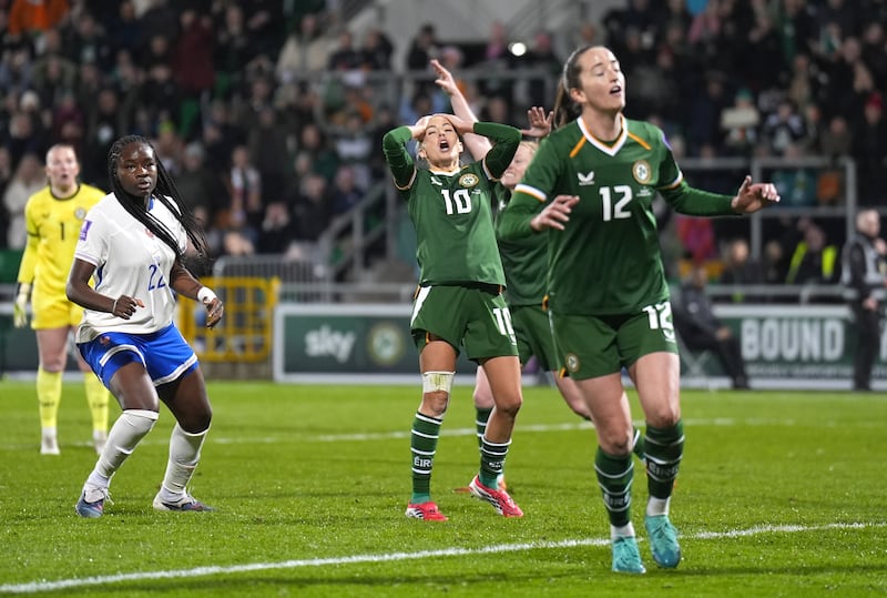 Ireland's Denise O'Sullivan (10) reacts to a missed chance against France in last month's qualifier at Tallaght Stadium. Photograph: Niall Carson/PA