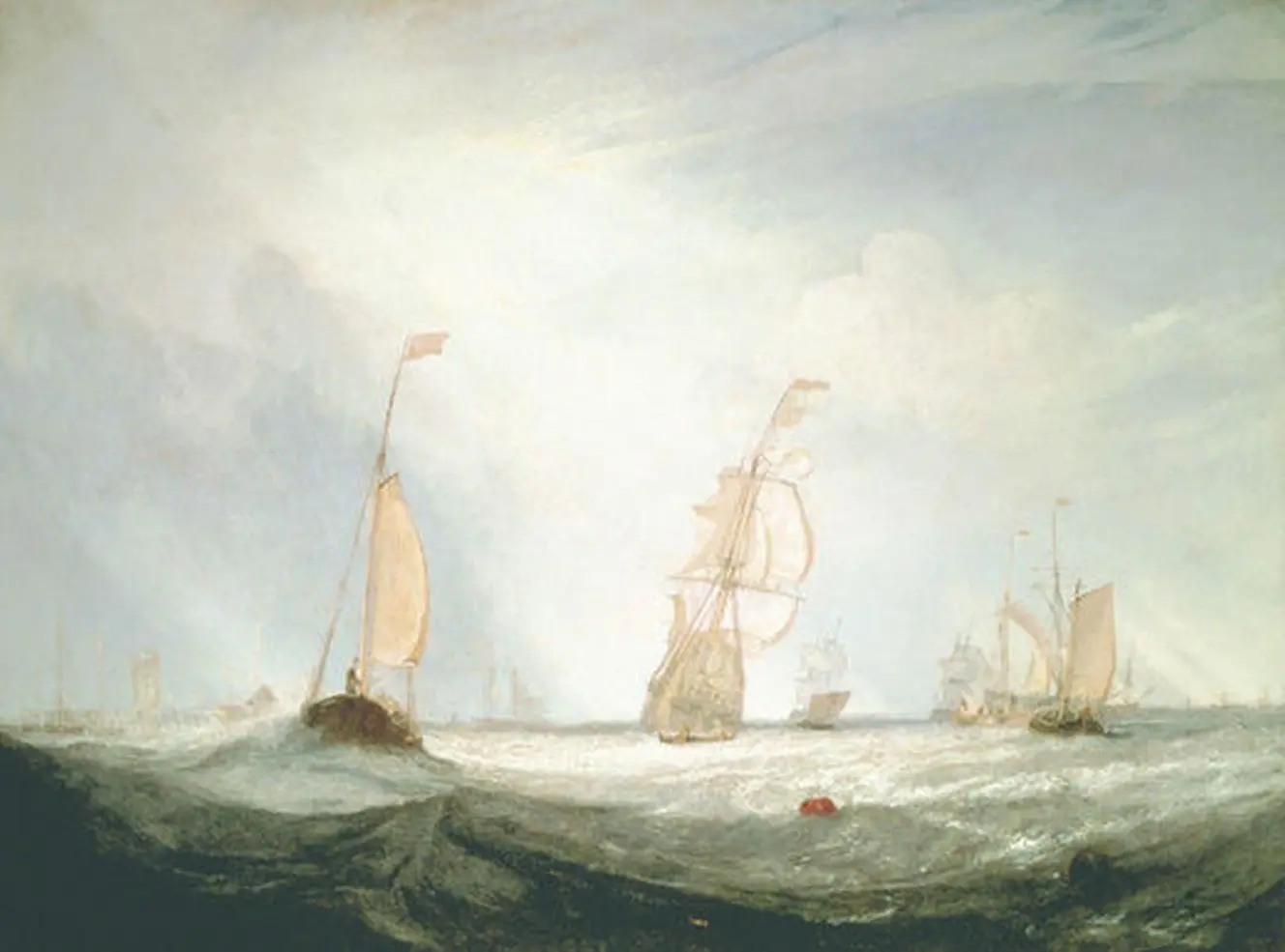 Illustration of multiple sailing ships on a rough sea under a cloudy sky.
