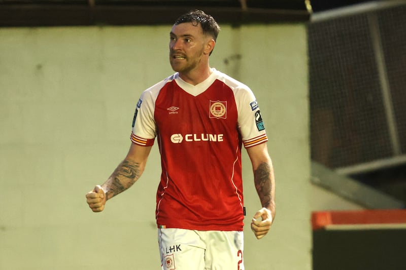 St Patrick's Athletic's Ryan Edmondson celebrates scoring his side's second goal. Photograph: Bryan Keane/Inpho 
