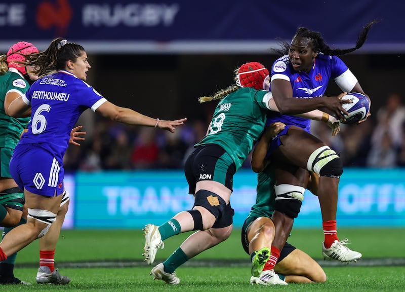 France's Madoussou Fall Raclot is tackled by Ireland’s Aoife Wafer. Photograph: Inpho
