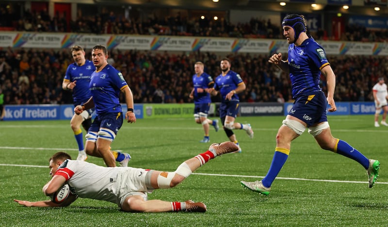 Ulster's Zac Ward scores his side's second try of the match. Photograph: Grace Halton/Inpho