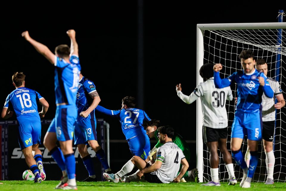 Waterford's Dean McMenamy, 27, celebrates after scoring his sides equalising goal against Galway United at the RSC. Photo: Michael P Ryan/Sportsfile