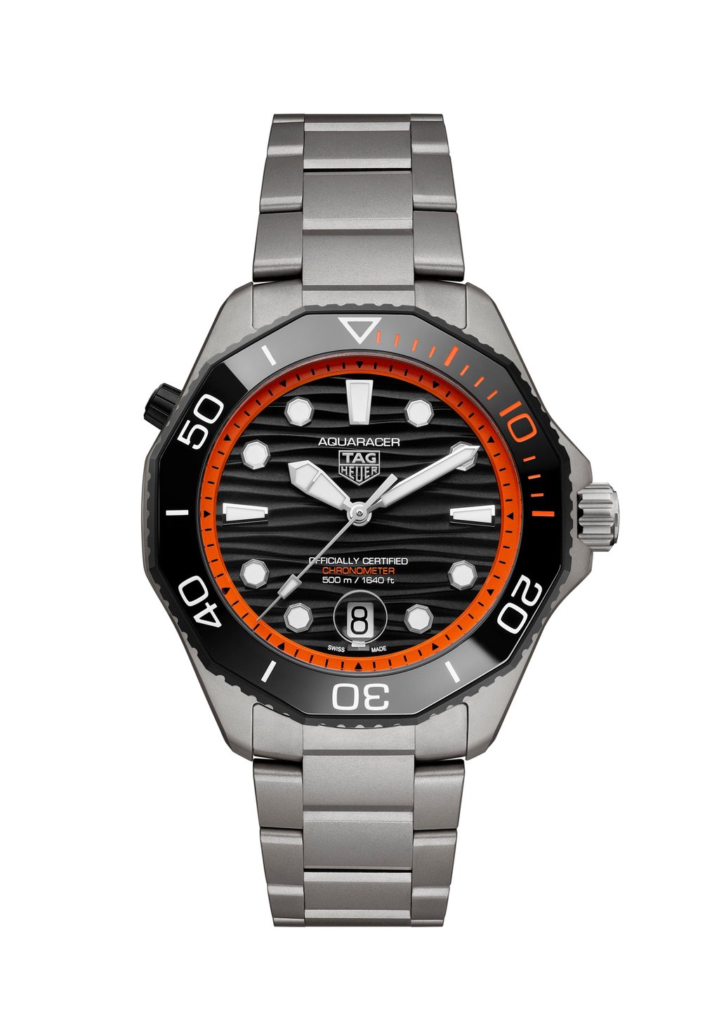The Tag Heuer Aquaracer Professional 500 with orange flange and accents. Photo: Handout