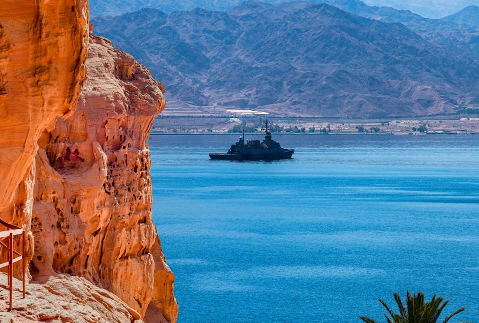 A warship in the Strait of Hormuz.