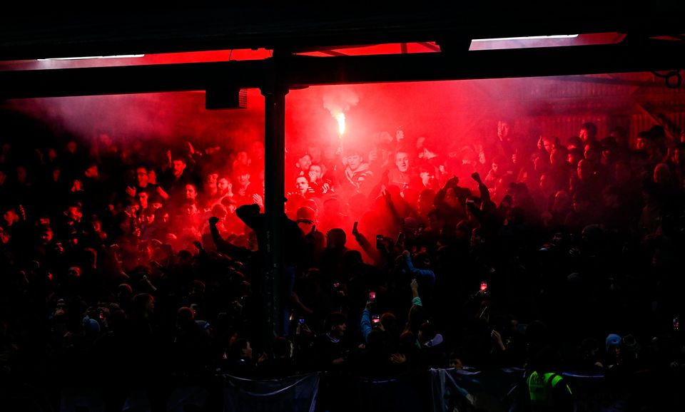 Drogheda United supporters during the SSE Airtricity Men's Premier Division match against Bohemians in Drogheda. Photo: Ben McShane/Sportsfile