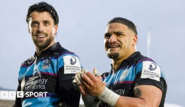 Adam Hastings and Sione Tuipulotu celebrate Glasgow's victory over Bulls