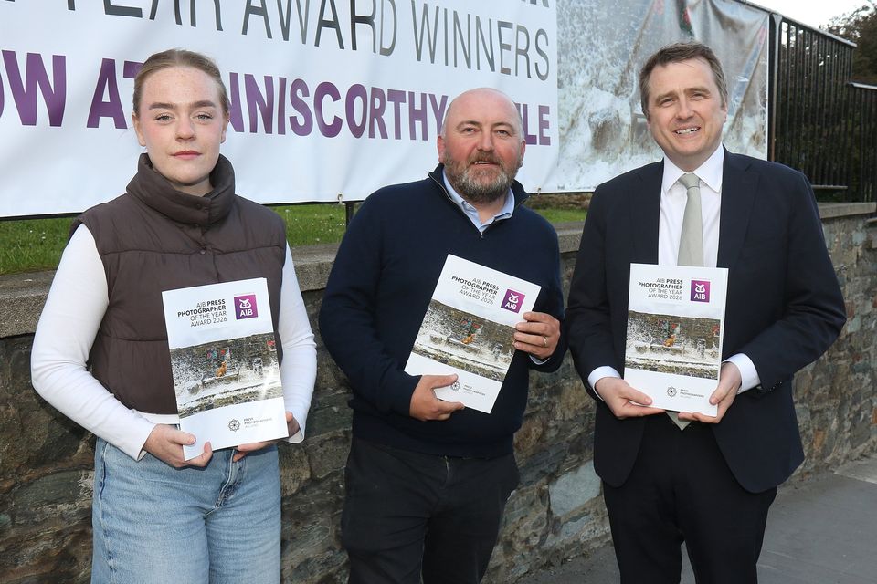 Shauna Clinton, James Crombie and Minister James Browne (performed launch) at the launch of the AIB Press Photographer of the Awards 2026 in Enniscorthy Castle. Photo. John Walsh Photography