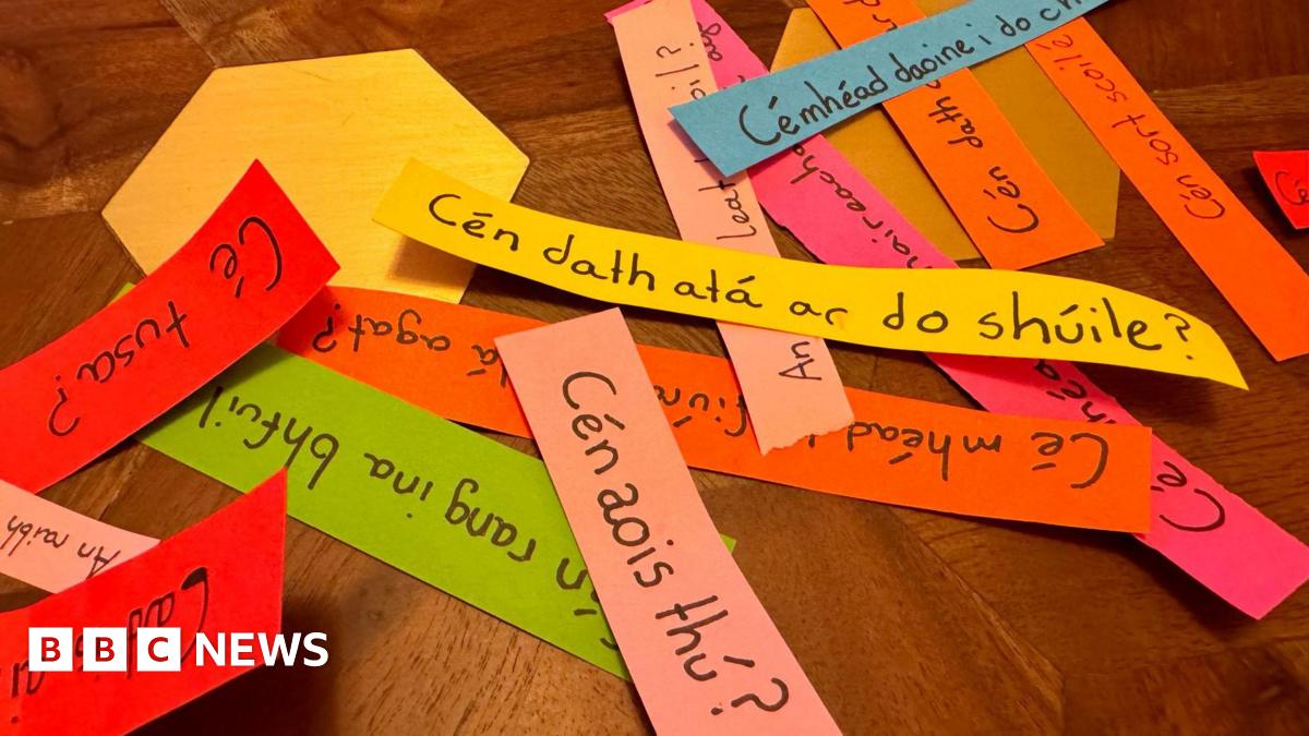 Coloured strips of paper with words in the Irish language on them in black ink