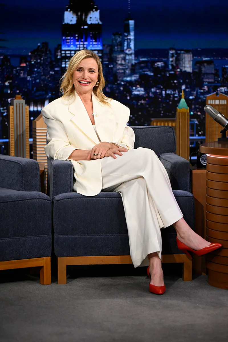 Cameron Diaz styles a white suit on "The Tonight Show Starring Jimmy Fallon" on March 31 in New York City.