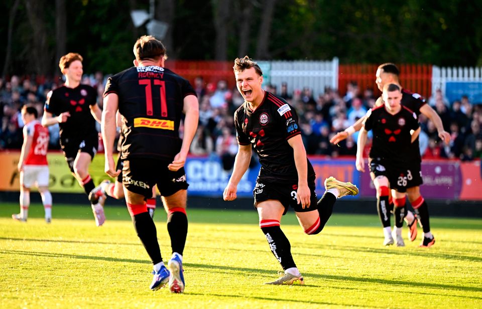 Markuss Strods of Bohemians celebrates after scoring on eight seconds against St Patrick's Athletic at Richmond Park in Dublin. Photo by Ben McShane/Sportsfile
