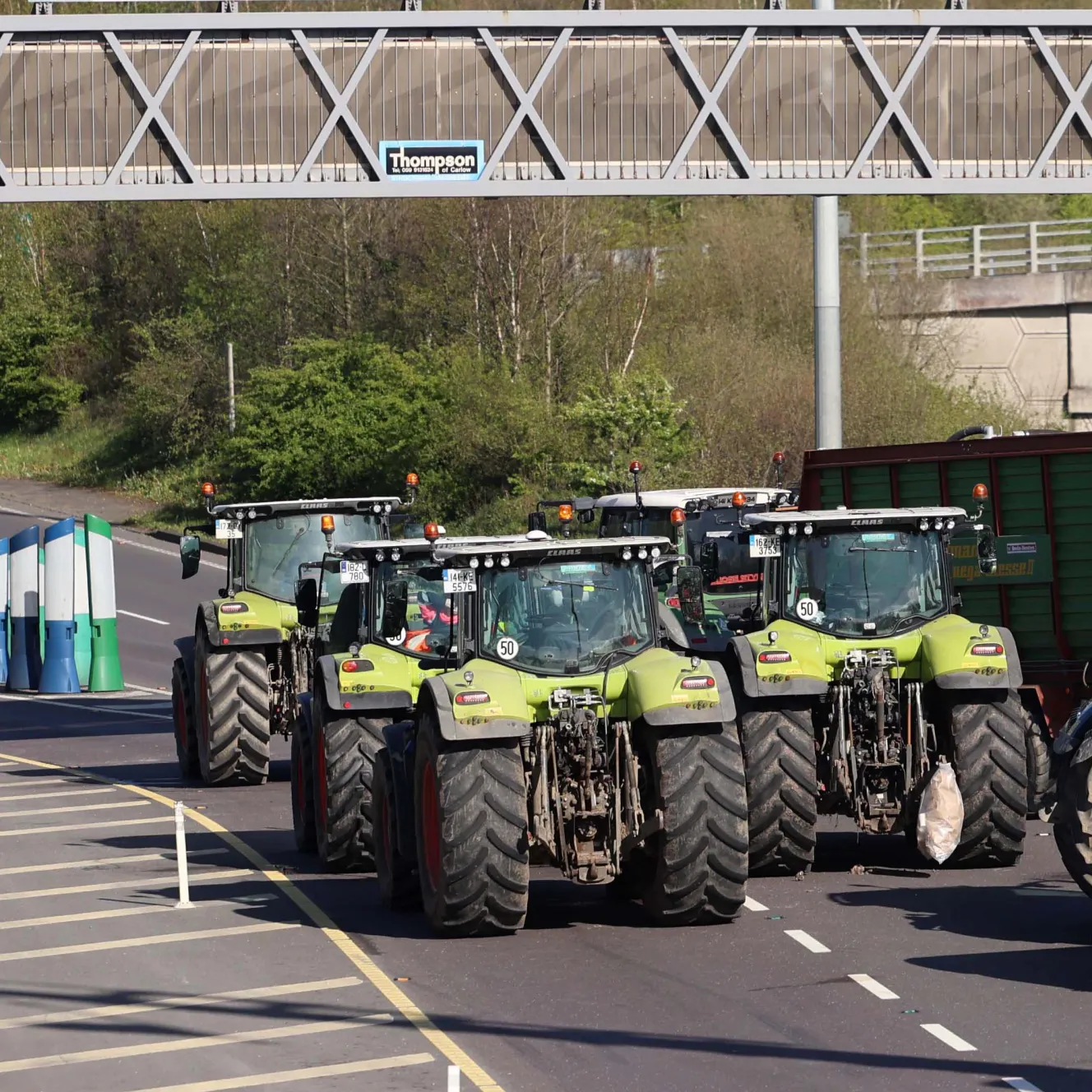 Tractors blocking a highway at Junction 7 on the M50 in Dublin, Ireland.